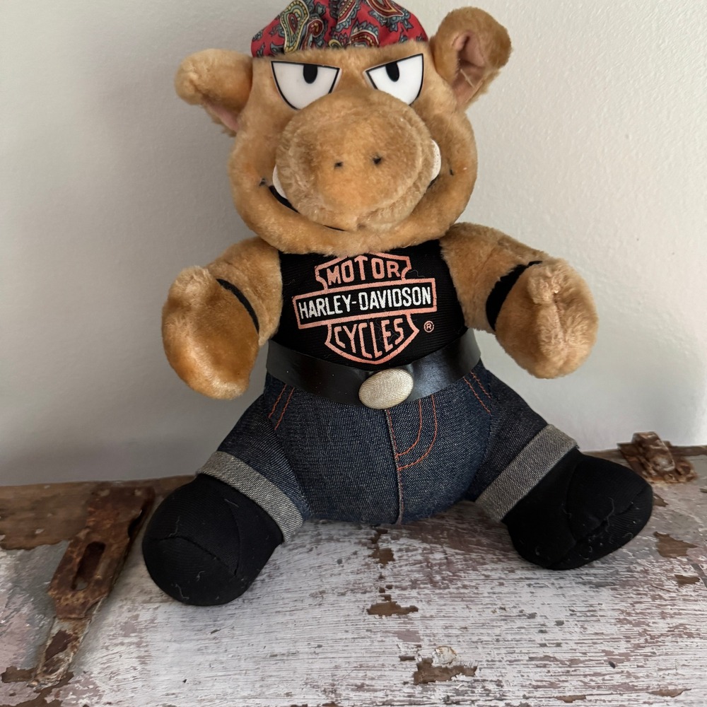 Vintage 1993 Harley Davidson Biker Pig Plush Play-By-Play Hog Bandana Jeans Hog